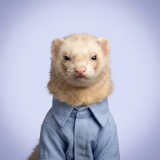 Dwight Acker, a champagne ferret in a blue collared shirt