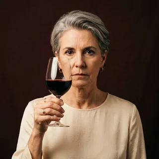 Denise Harrowgate holding a glass of red wine near her face