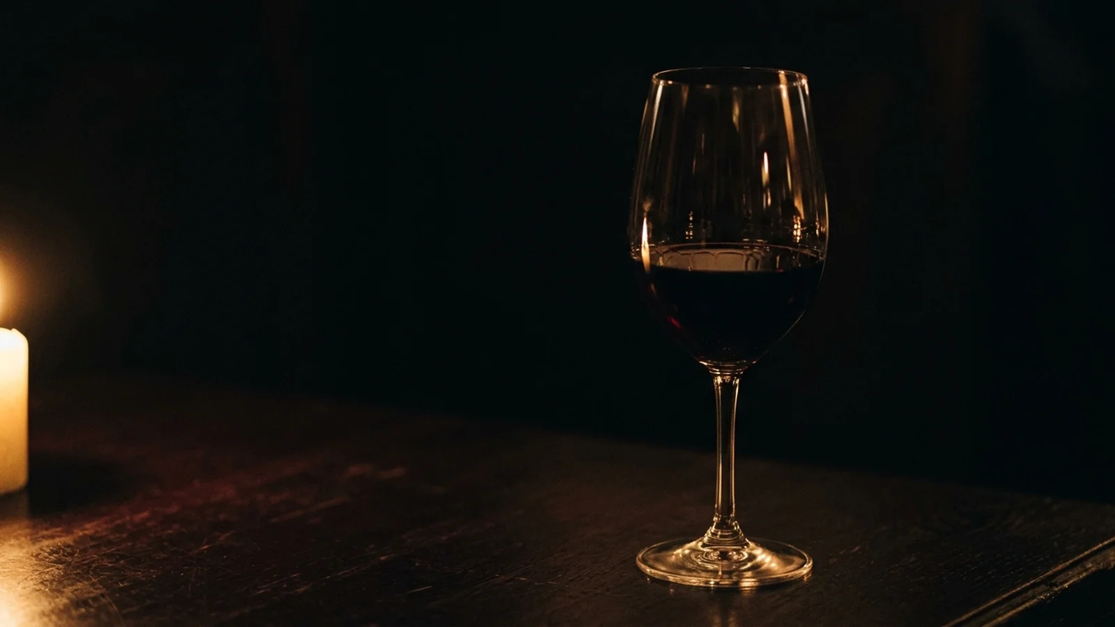 A single glass of red wine on a dark table, lit by one candle