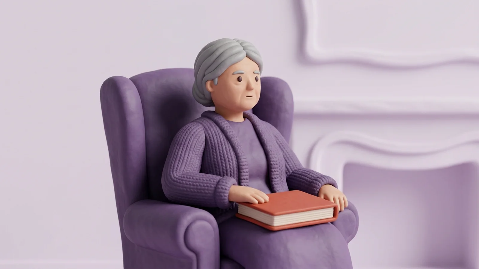 A grandmother seated in an armchair holding a closed ledger, modeled in soft clay