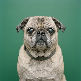 Colonel Peaches, an elderly fawn pug with a grey muzzle, photographed against a green backdrop.
