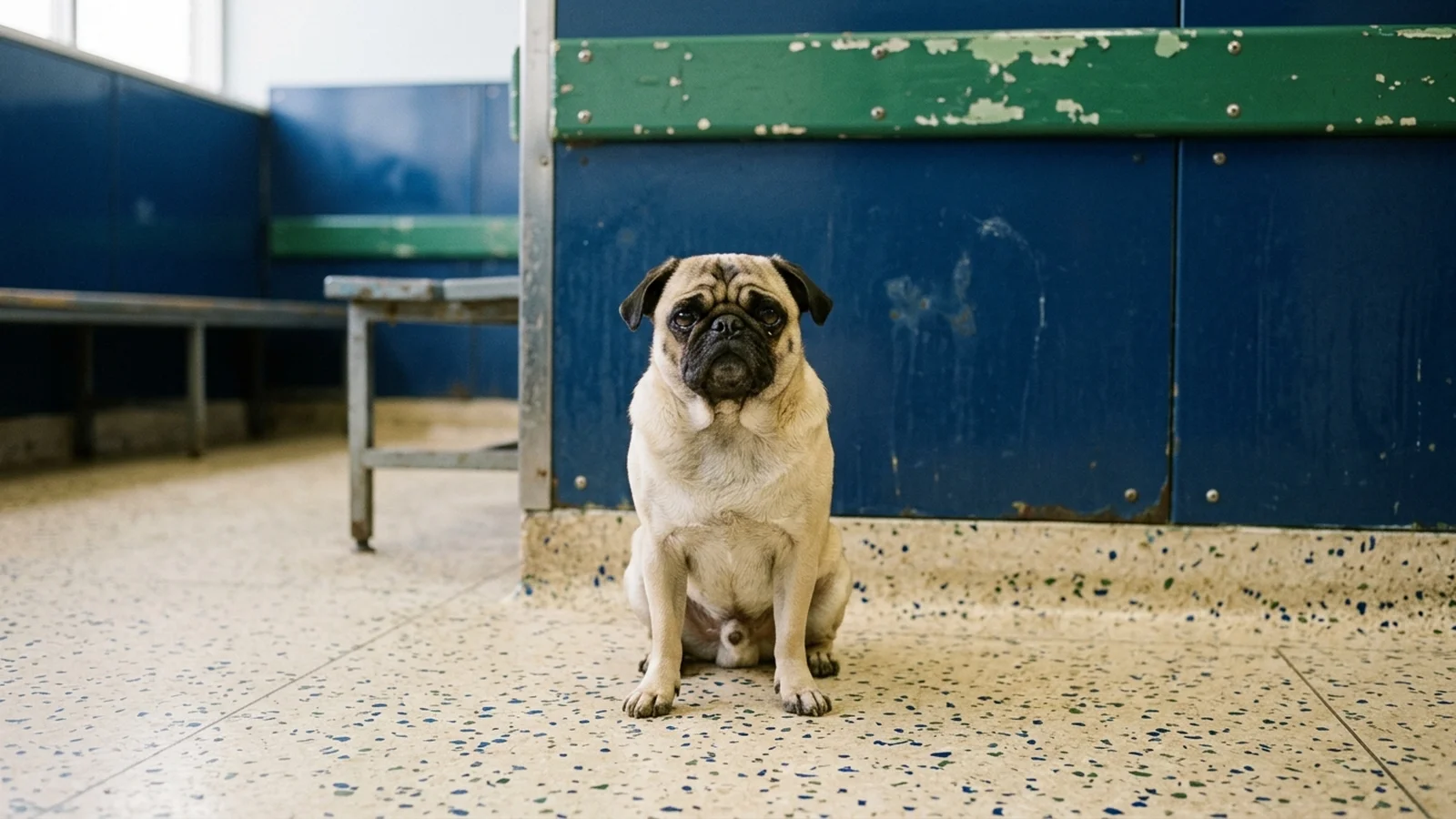 A pug sitting on a speckled terrazzo floor in front of bolted cobalt enamel panels in a veterinary waiting room.