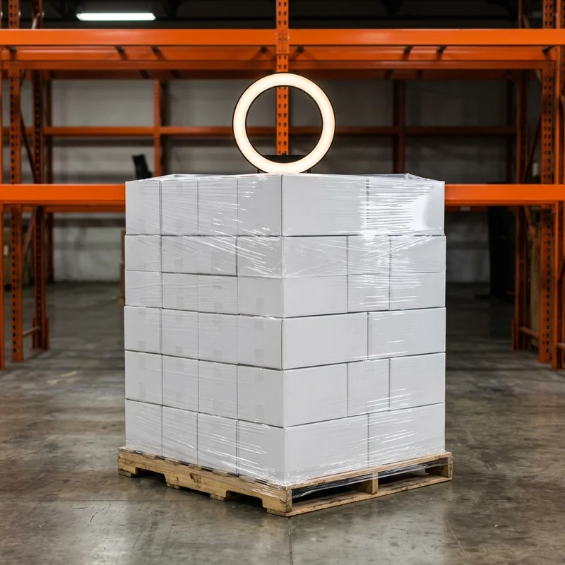 A shrink-wrapped pallet of boxed ring lights with one lit on top