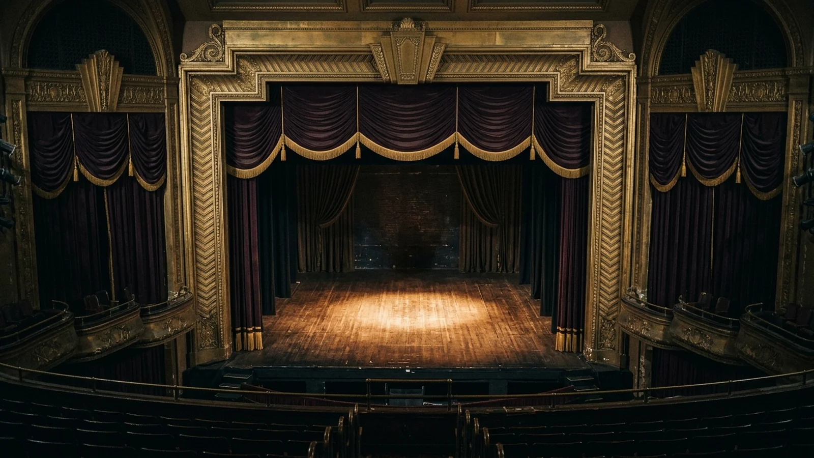 An empty golden-age theater stage lit by a single spotlight, framed by a brass Art Deco proscenium and deep burgundy curtains.