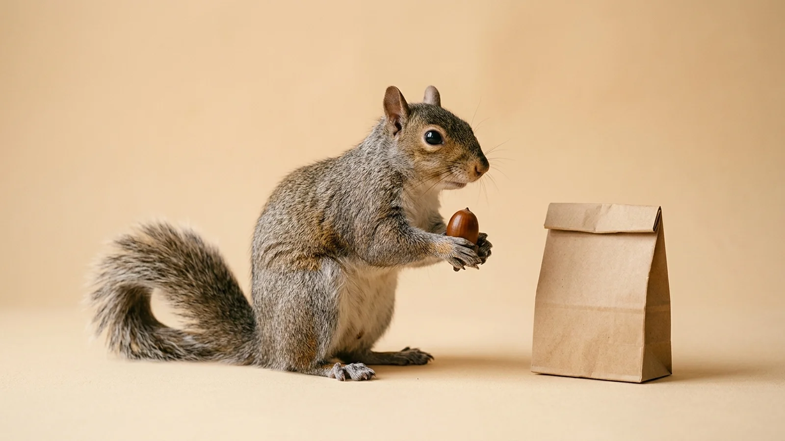 An eastern gray squirrel holding an acorn next to a kraft paper delivery bag