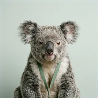 Portrait of Gerald Pickering, a koala wearing a green lanyard