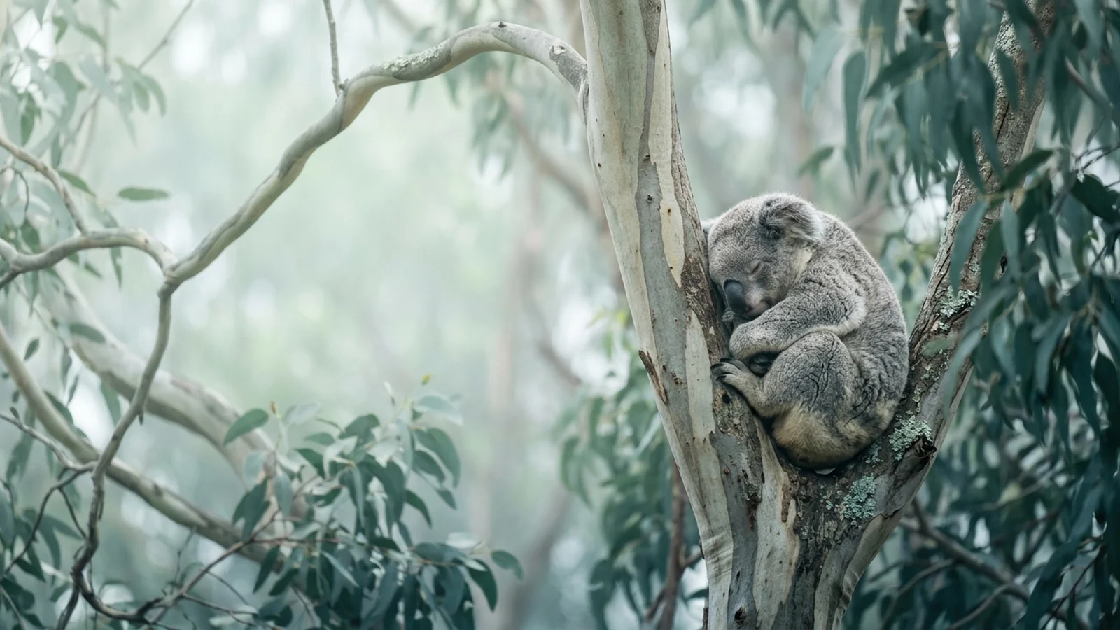 A koala asleep in the fork of a eucalyptus tree in morning mist