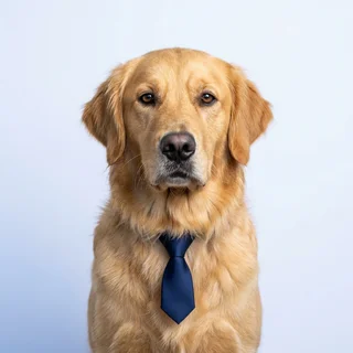 Biscuit, a golden retriever in a navy tie