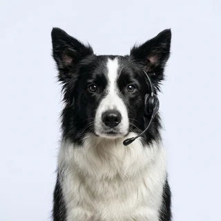 Pepper, a border collie wearing a headset microphone