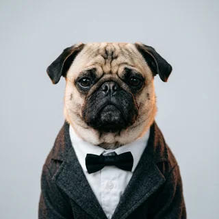 Admiral Snuffles, a pug in a charcoal suit