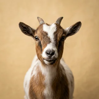 Pepper Halvorsen, a brown and white Nigerian Dwarf goat, in a professional headshot