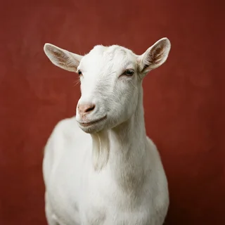 Gerald P. Whitcomb, a white Saanen goat with a short beard, in a boardroom portrait