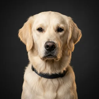 Murphy, a cream golden retriever, in a formal studio portrait