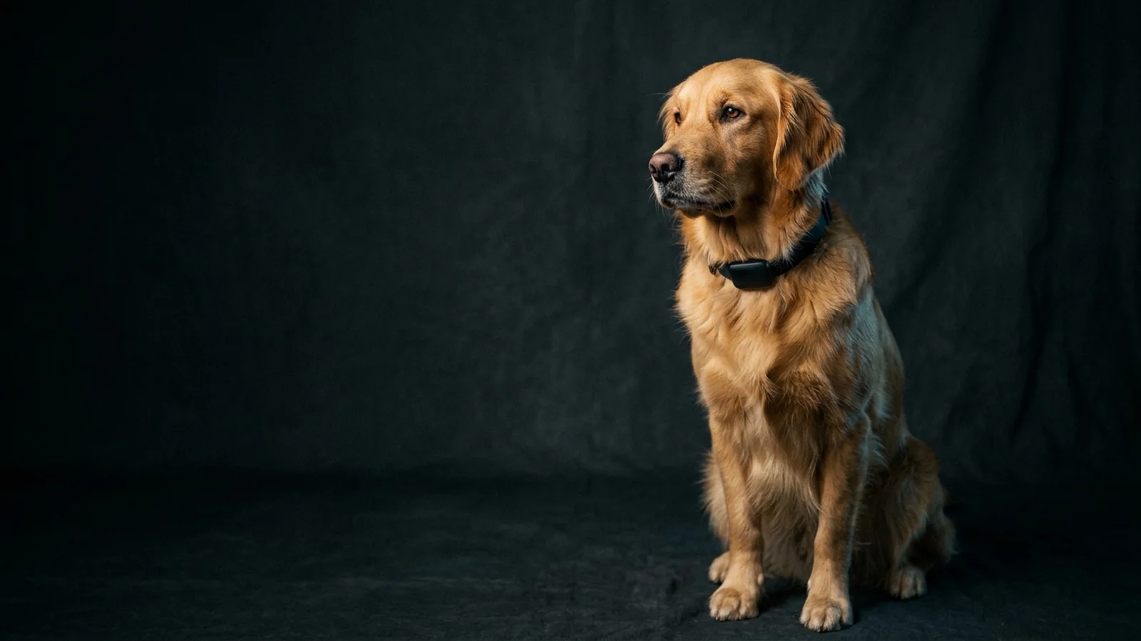 A golden retriever sitting in a dark studio, wearing a black Tailmetry collar sensor