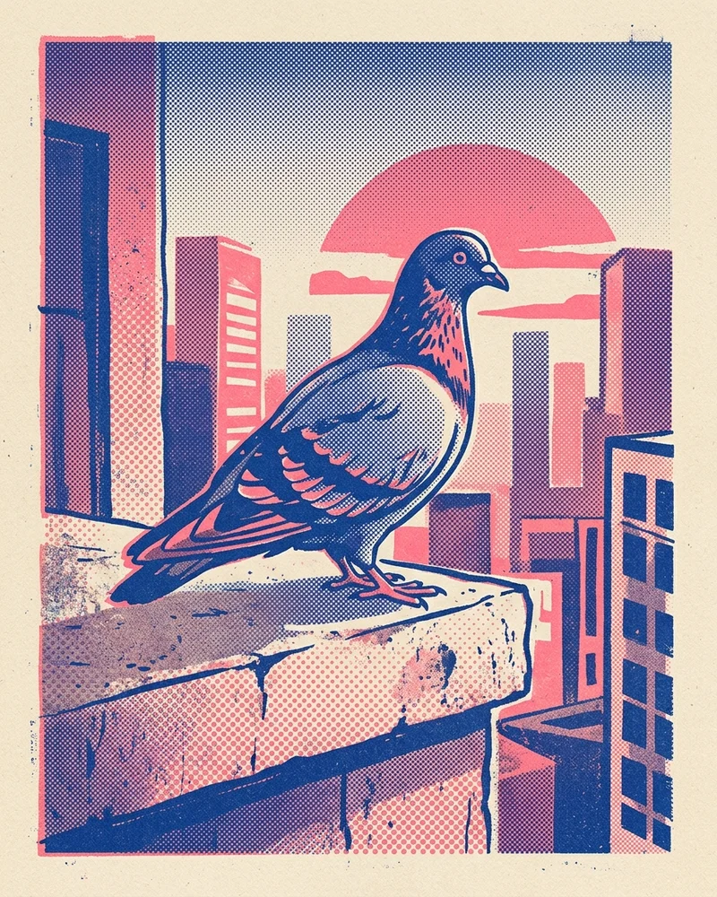Risograph illustration of Bartholomew on a concrete ledge over the city