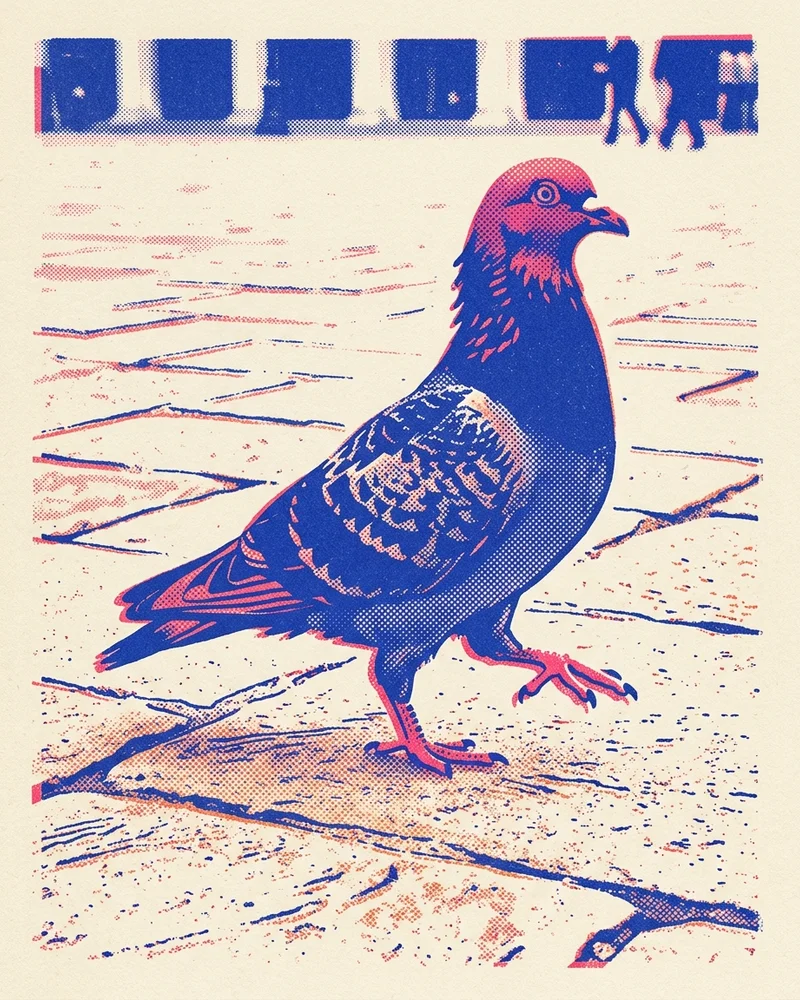 Risograph illustration of Bartholomew mid-strut across a plaza
