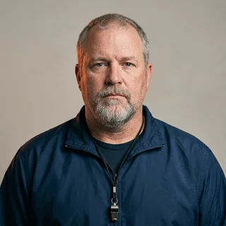Doug Pressler, head coach, in a navy windbreaker with a whistle.