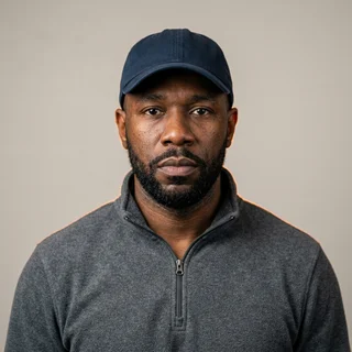 Ray Okafor, assistant coach, in a grey quarter-zip and navy cap.