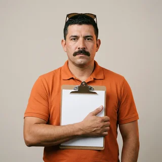 Brent Vasquez-Hollis, head coach, in an orange polo holding a clipboard.