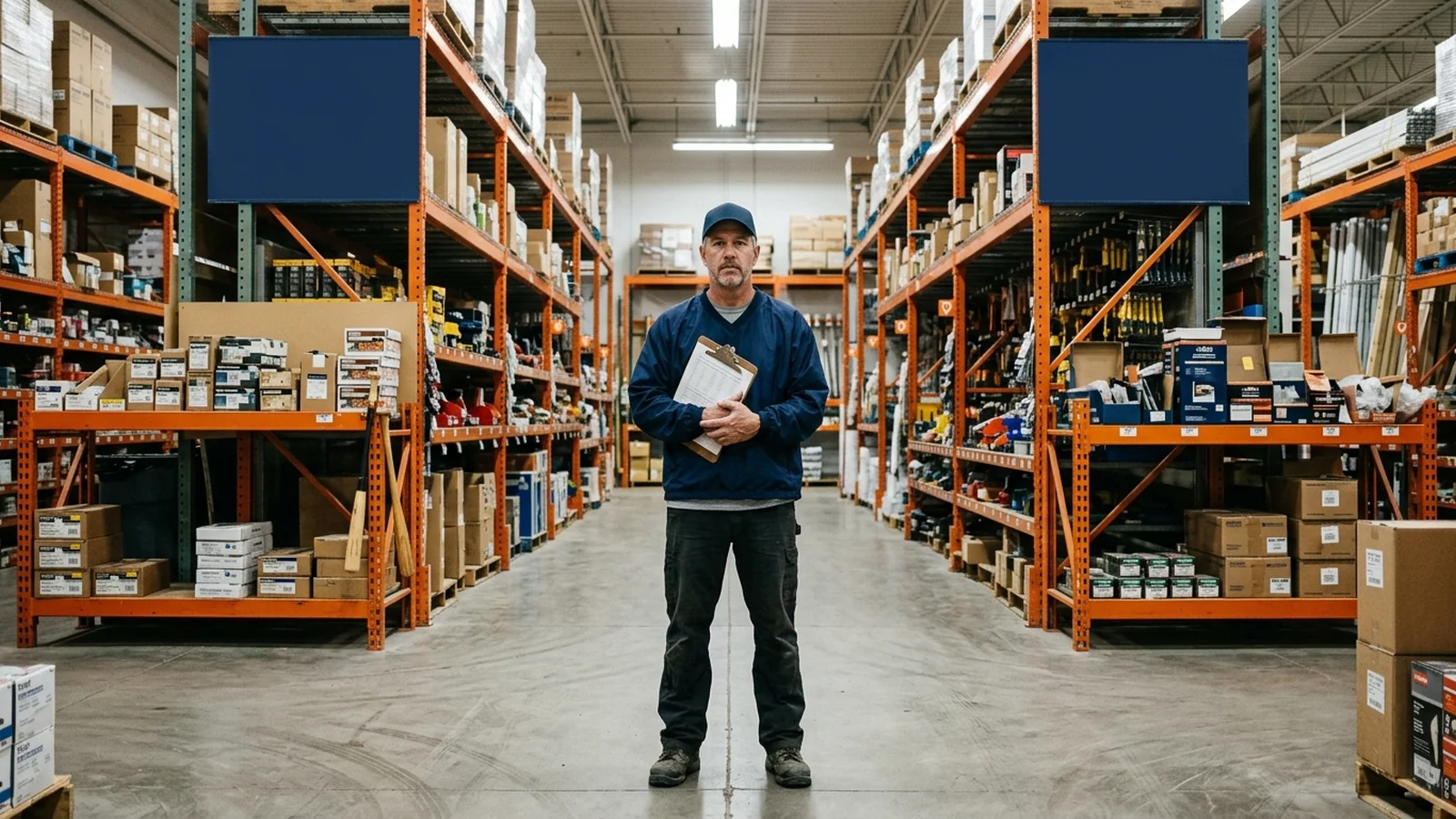 A little league coach in a navy windbreaker stands alone in a warehouse store aisle, holding a clipboard to his chest.