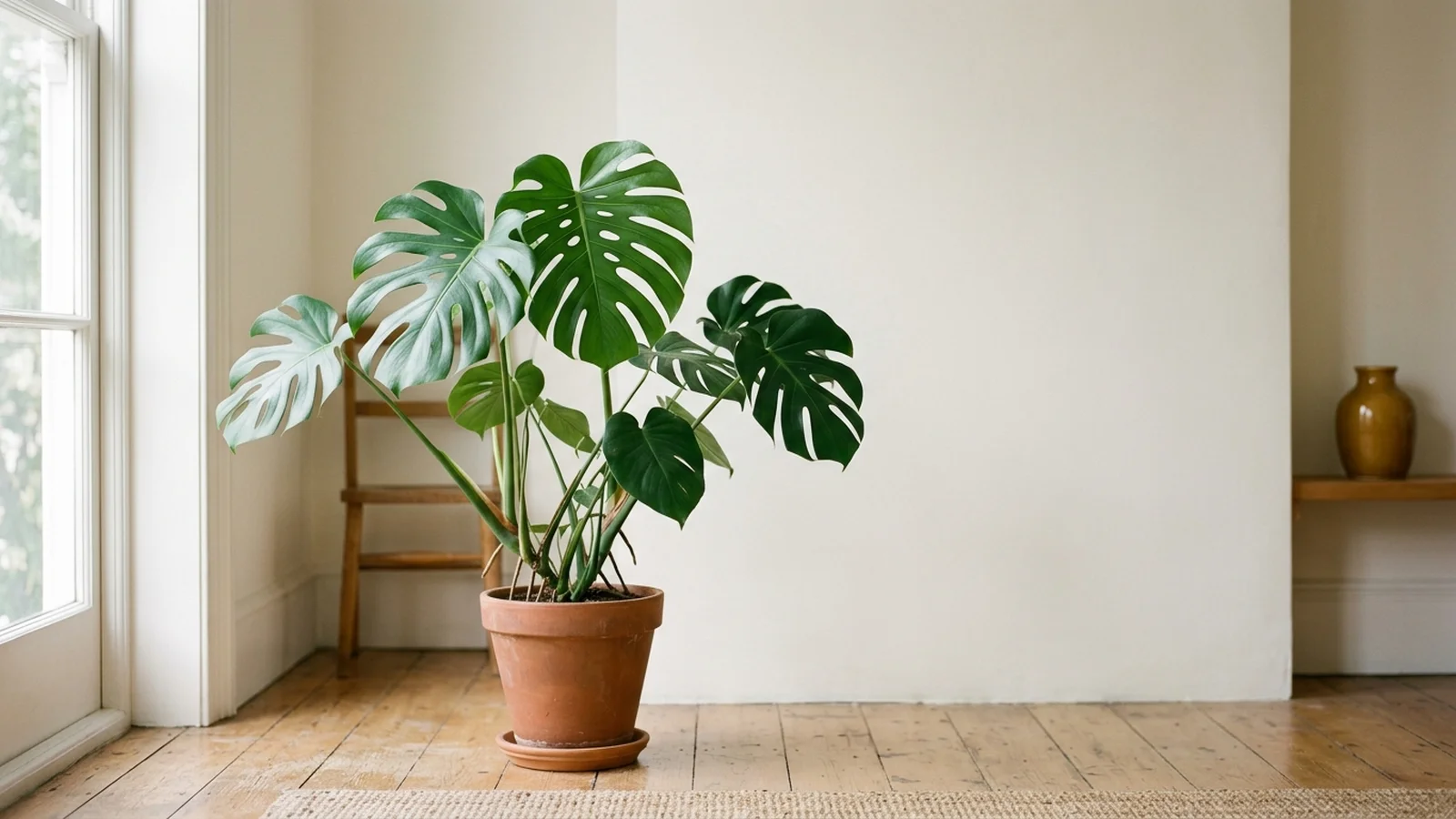 A monstera deliciosa in a terracotta pot beside a tall window in a bare, sunlit room.