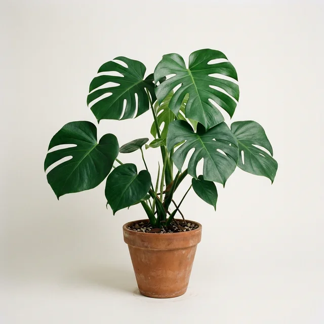 A monstera deliciosa in a terracotta pot photographed straight on against a seamless bone backdrop.