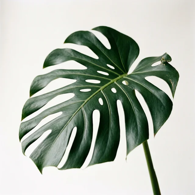 Close crop of a single fenestrated monstera leaf against a bone-white backdrop.