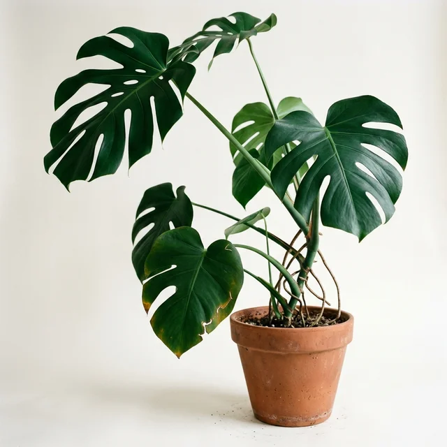 A monstera seen from a low angle, one lower leaf yellowing at the edge.