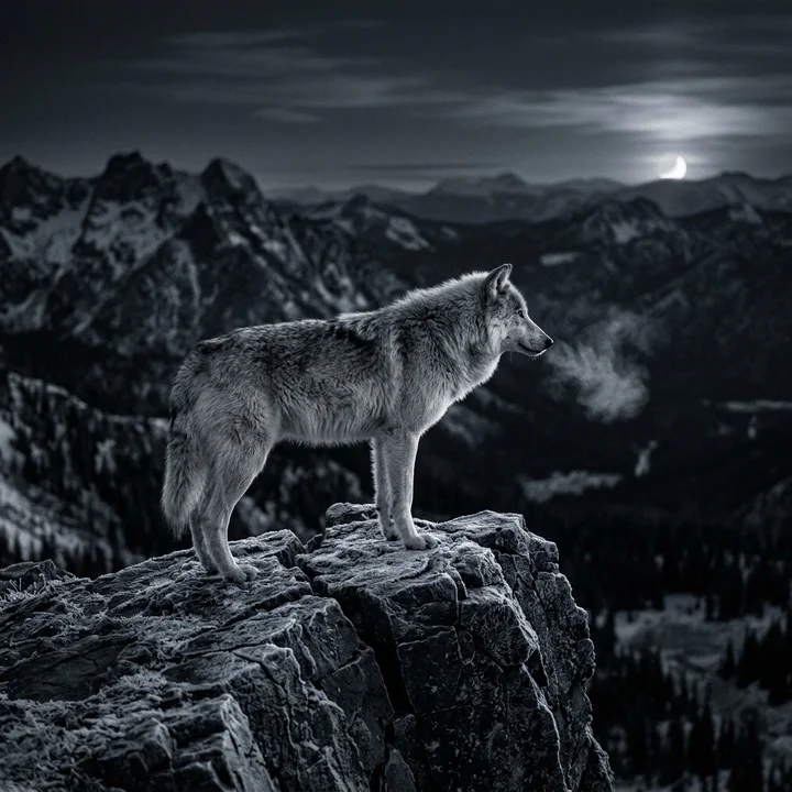 A grey wolf standing in profile on a frost-cracked ridgeline at moonrise