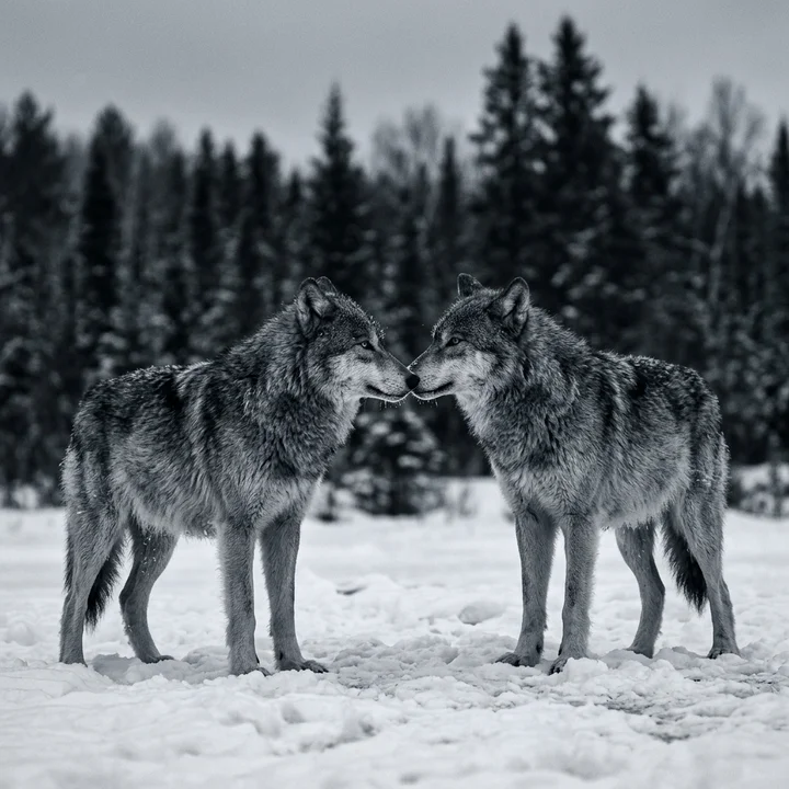 Two grey wolves standing nose to nose in shallow snow