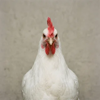 A white leghorn hen facing the camera.