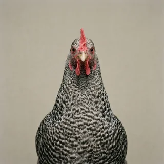 A barred grey and white hen facing the camera.