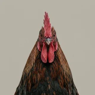A black and copper rooster facing the camera.