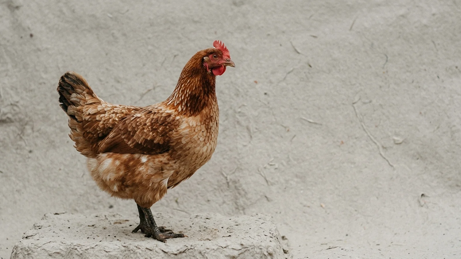A brown hen standing in profile against a pale, matte fibrous wall.
