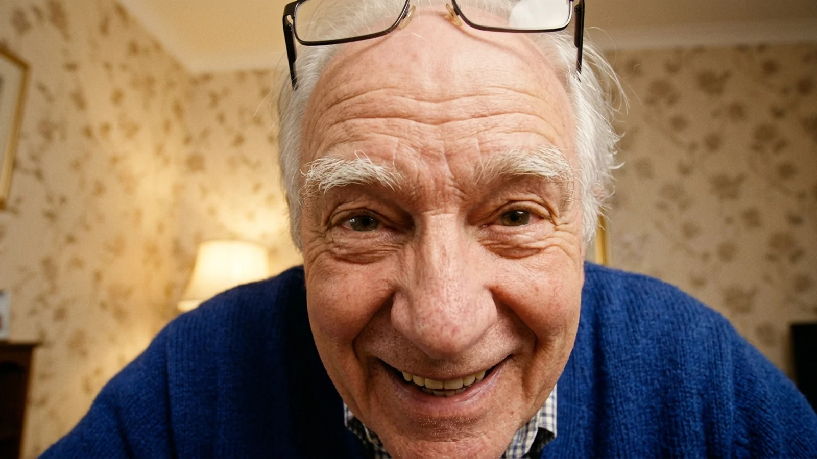 A retired man in a blue cardigan leaning very close to his webcam, smiling