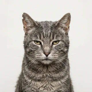 Employee-style portrait of a gray tabby cat