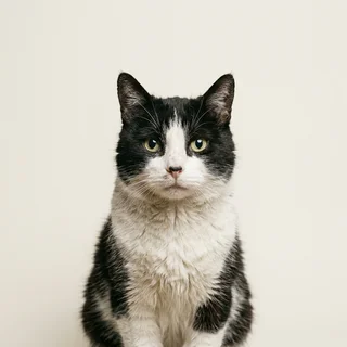 Employee-style portrait of a black-and-white tuxedo cat