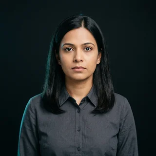 Priya Raghunathan, photographed straight on against a black backdrop.