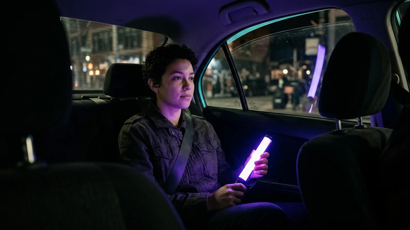 A passenger in the back seat of a car at night, lit violet by the lightstick they are holding.
