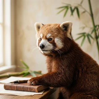 Portrait of Pemba Sett, a red panda essayist, at a writing desk