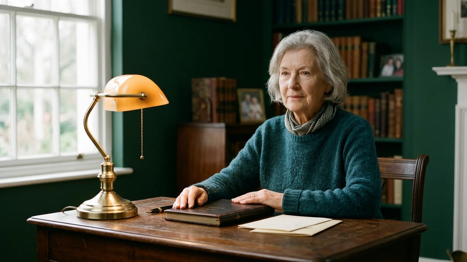 The household chairwoman seated at a writing desk in a green study, a brass banker's lamp and a leather ledger beside her.