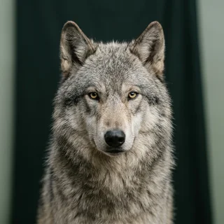 Asena, a silver-grey wolf, photographed against a dark green studio backdrop