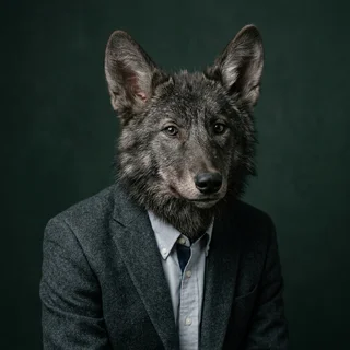 Two Socks, a young dark wolf in a tweed jacket, photographed against a dark green studio backdrop