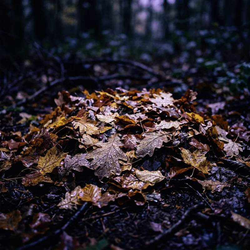 Generated render of a damp leaf pile at night