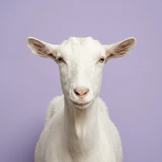Studio headshot of a white goat