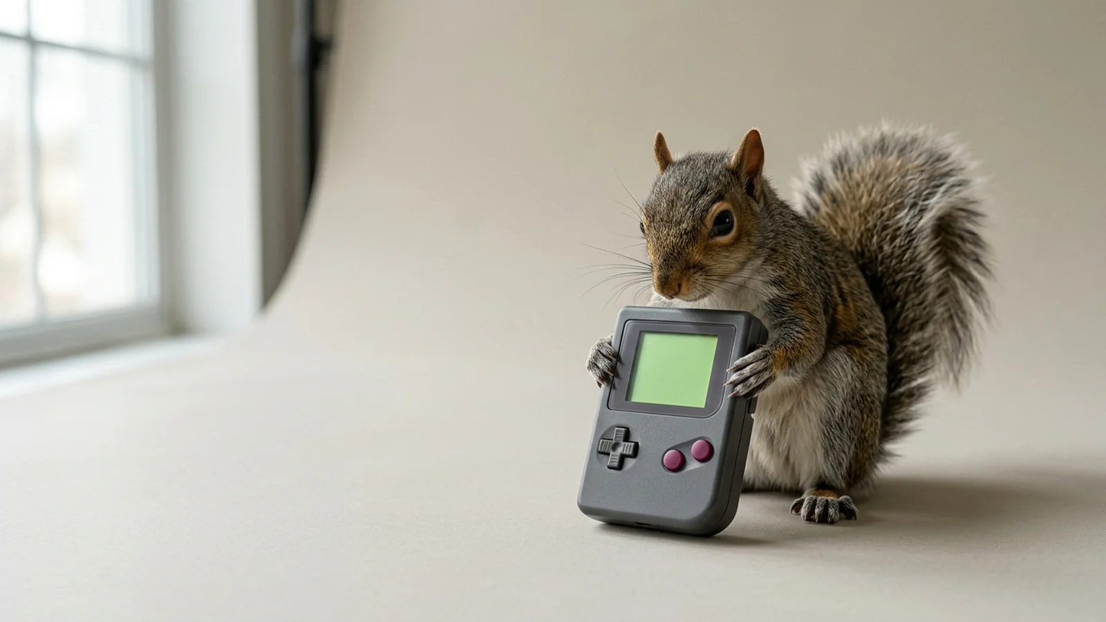 A grey squirrel holding a grey Scurry handheld console with both paws