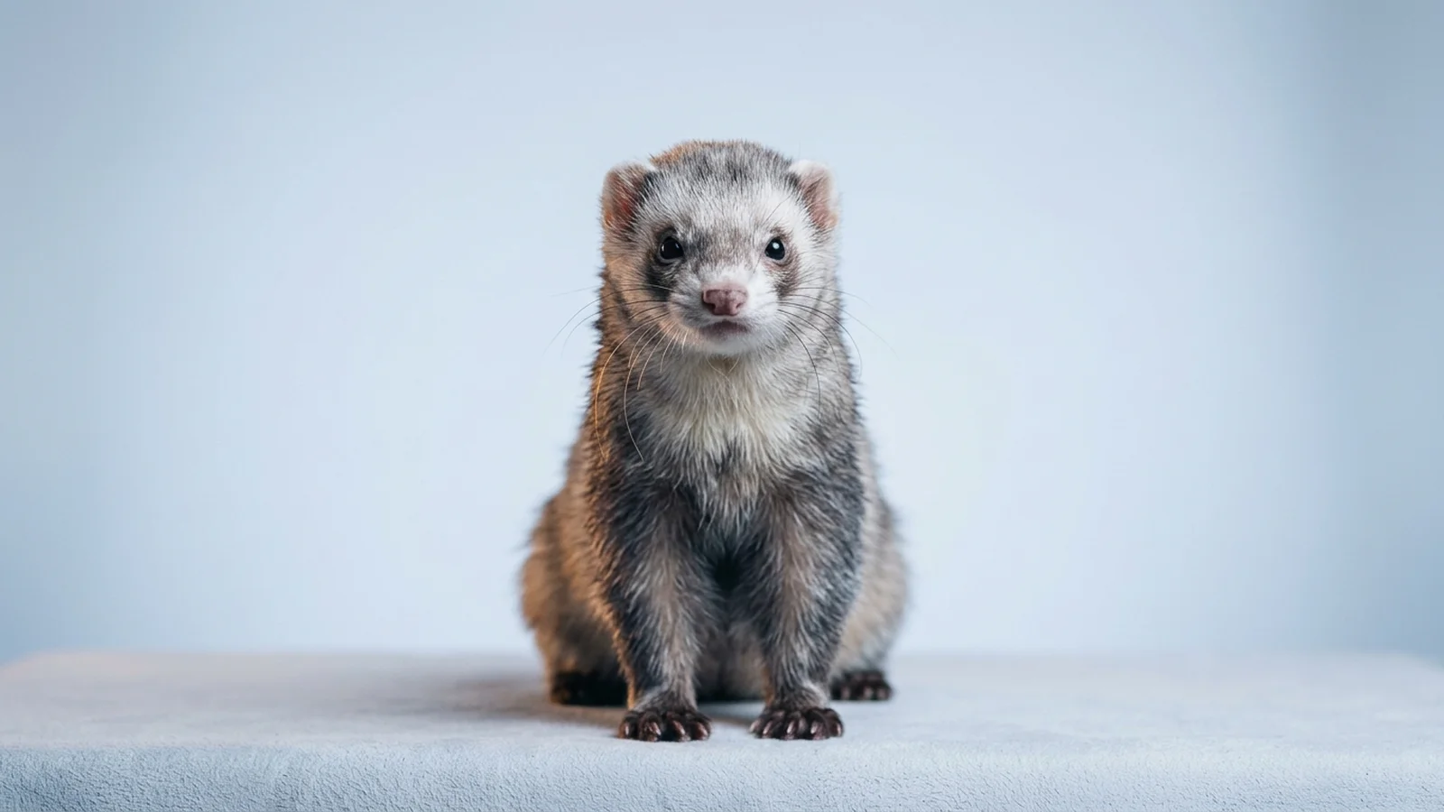 Domestic ferret photographed in a clean studio, the subject under continuous observation