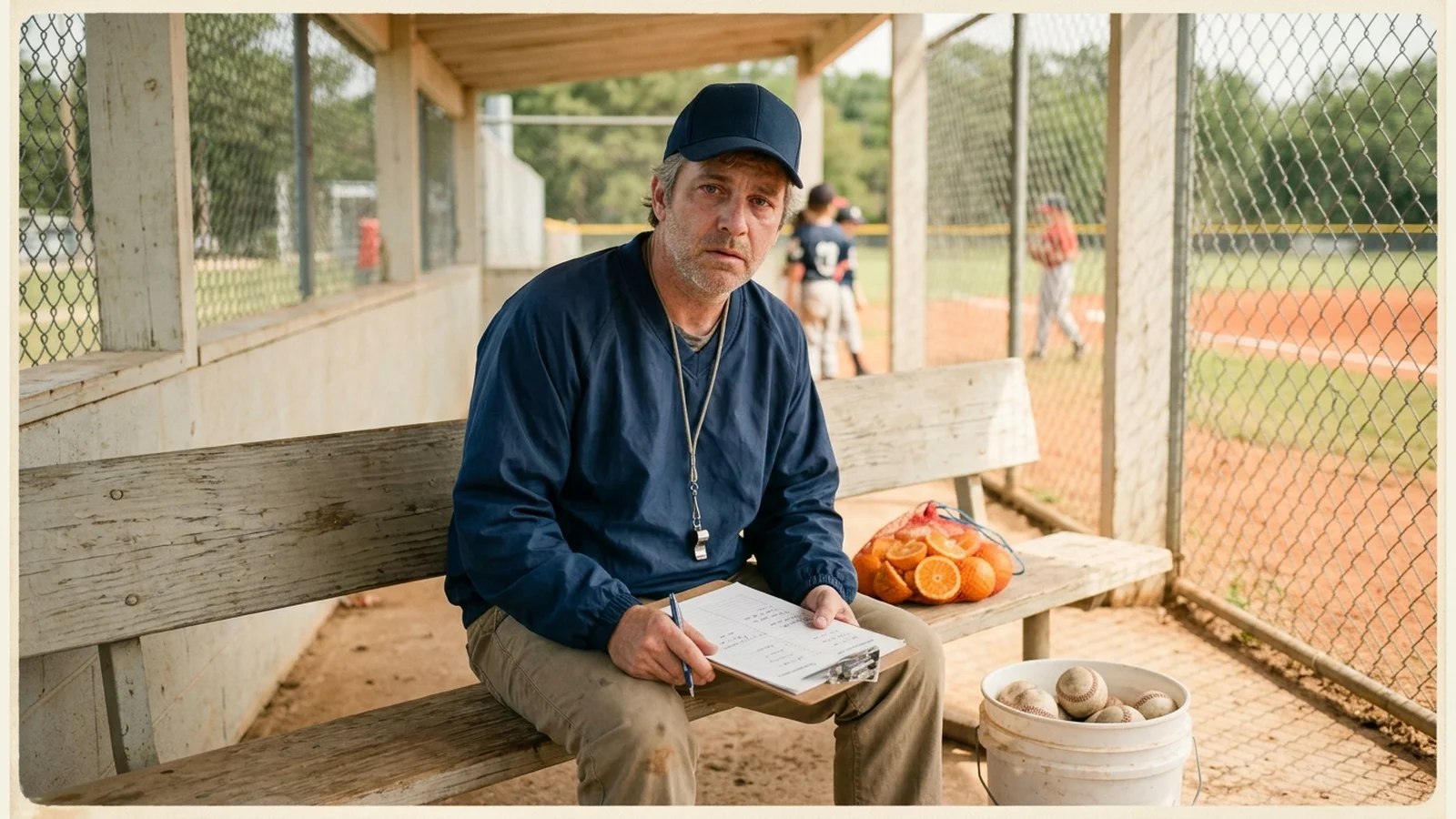 A volunteer coach in a navy windbreaker sits alone on a dugout bench with a clipboard, a bag of cut oranges and a bucket of baseballs.