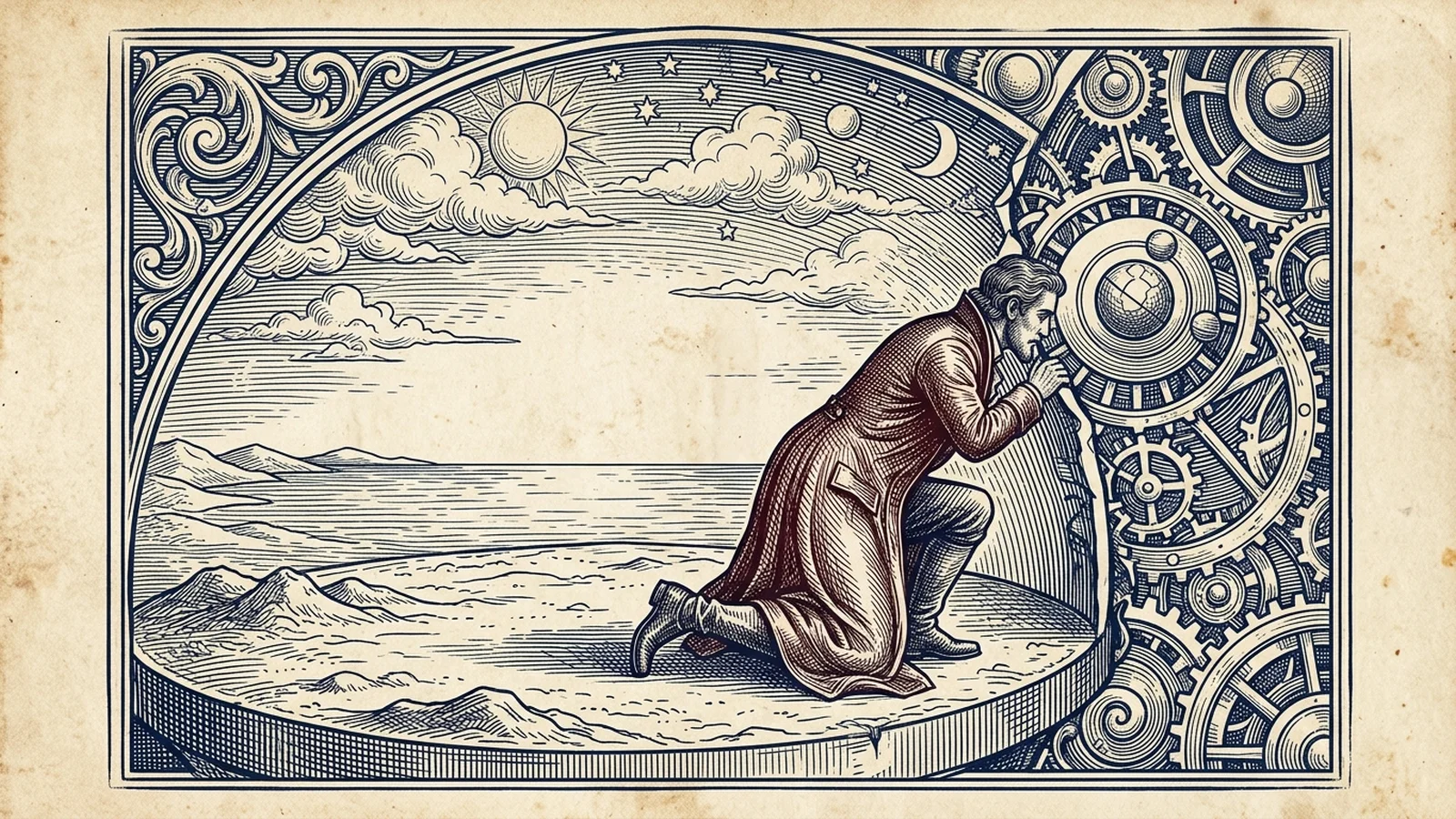 An engraving of a man in a long red coat kneeling at the rim of a flat world, pushing his head through the edge of the sky to inspect the machinery behind it.