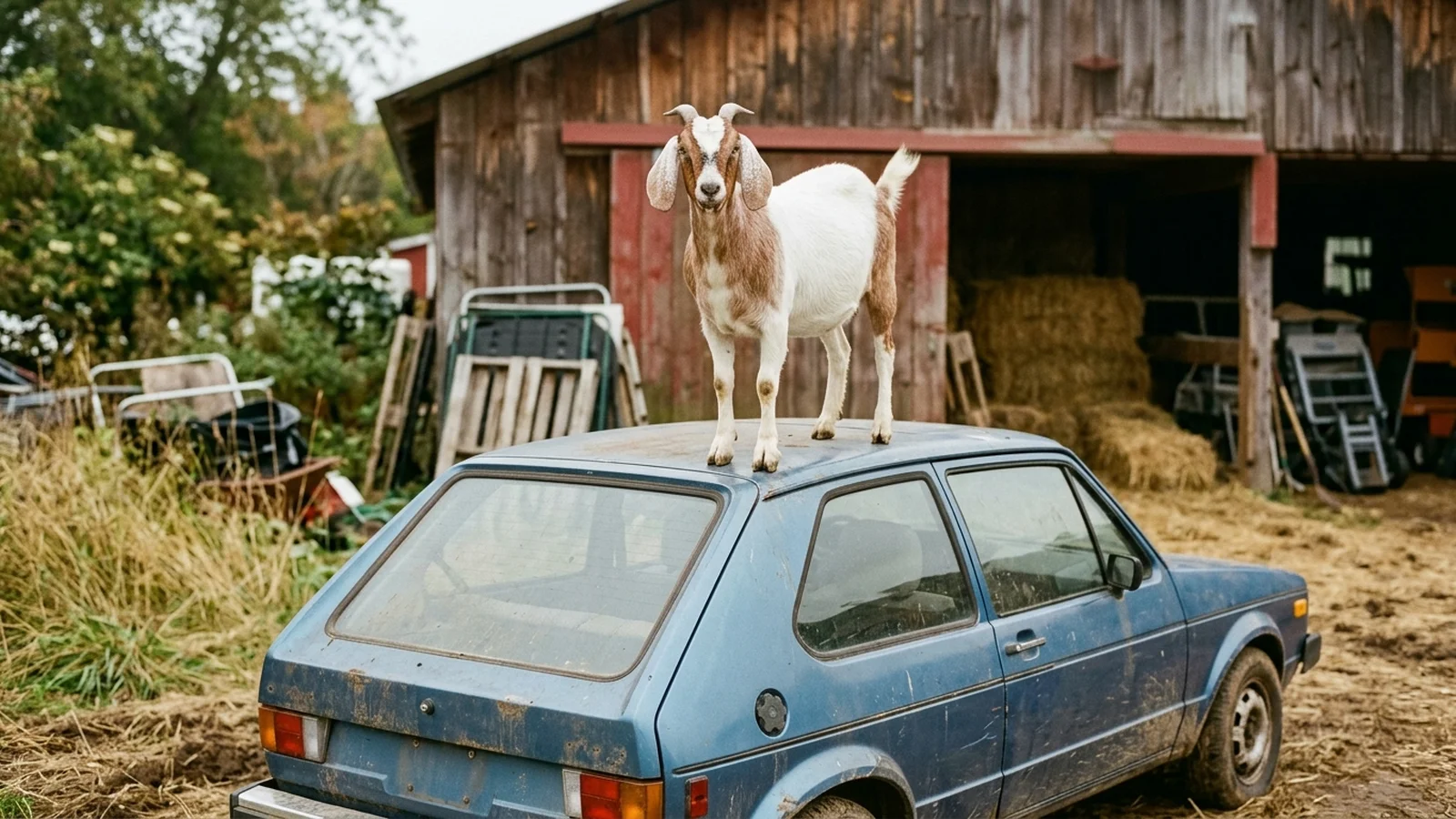 A brown and white goat standing on the roof of a dusty blue hatchback outside a barn.